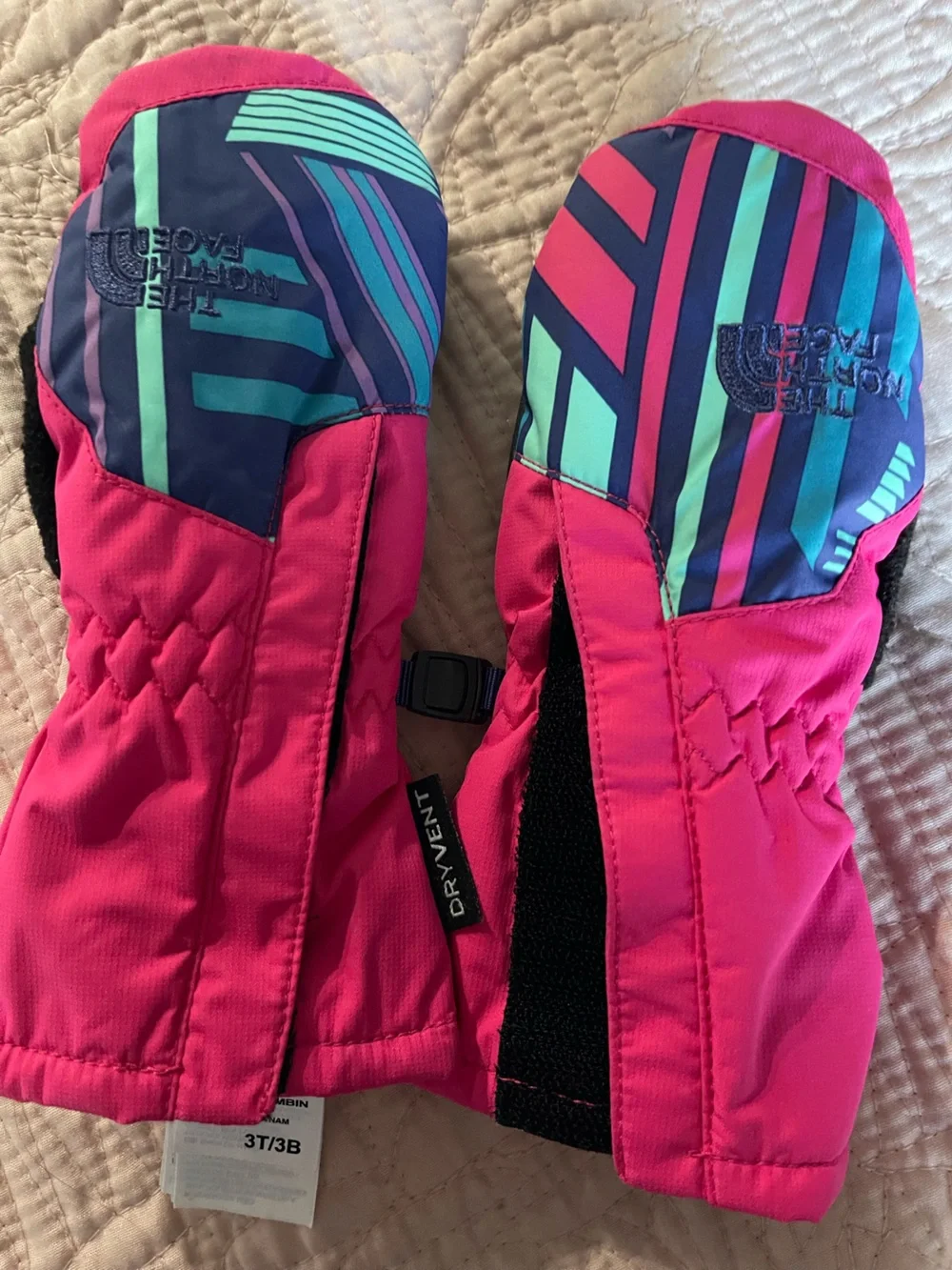 The North Face Kids Pink Mittens with Multi-Color Stripe Accents